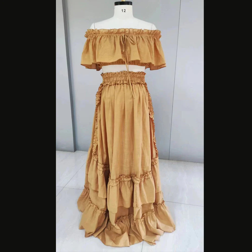nvxiot - Fall Outfits 2024 Maternity Photography Gown Linen Cotton Bohemian Photo Shooting 2 Pieces Set Dress Pregnant Women Dresses For Baby Showers