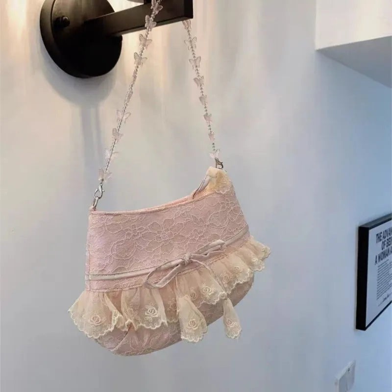 nvxiot - Lolita Lace Sweet Handbag Women Vintage Fairycore Aesthetic Bow Chic Shoulder Bags Purse Female Retro Underarm Bag Bolso