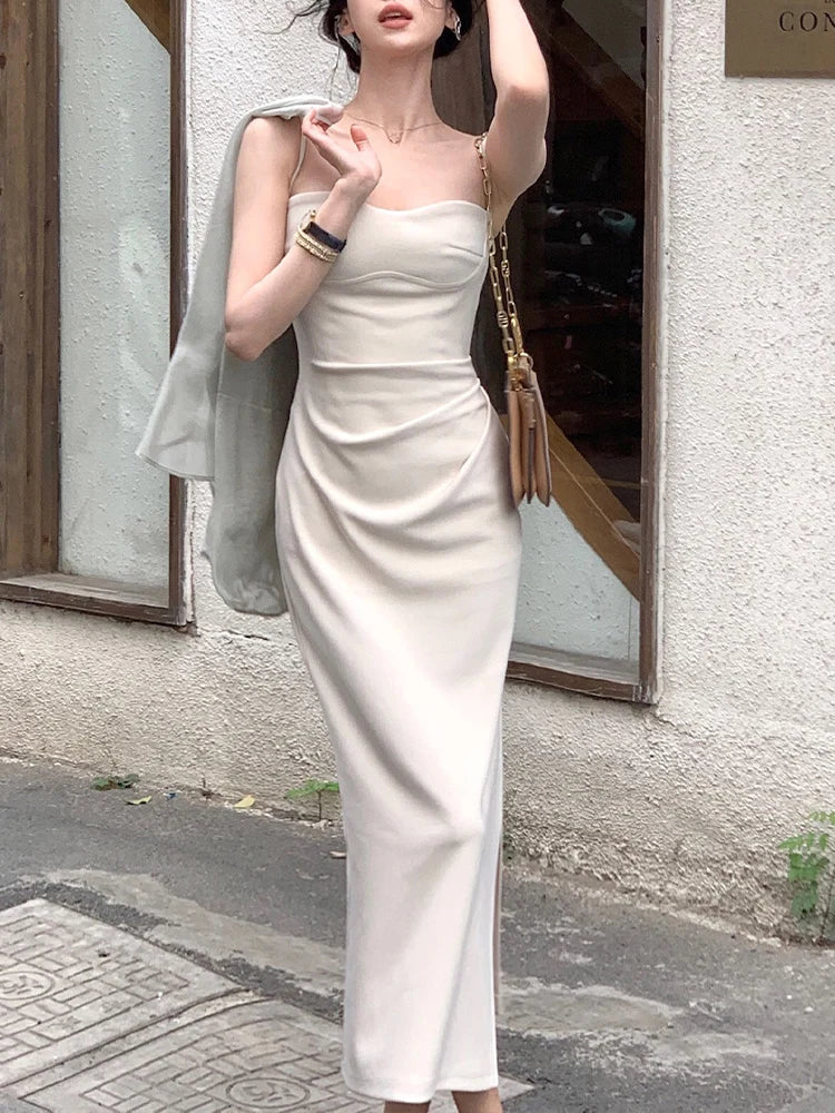 nvxiot - New Fashion Vintage Bodycon Dress for Women Elegant Sleeveless Spaghetti Strap Slim Solid Formal Dress French 2023 New Summer