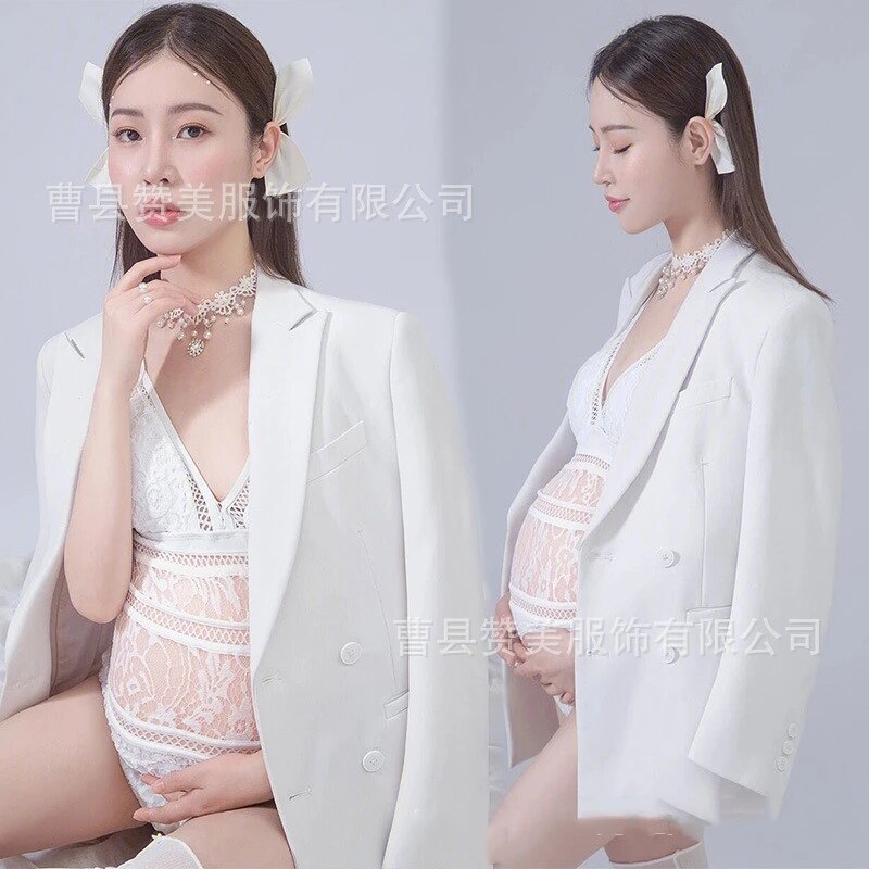 nvxiot White Lace Fancy Maternity Bodysuit + Coat Photography Pregnancy Shoot Dresses Clothes Pregnant Women Sexy Maxi Gown Photo Props