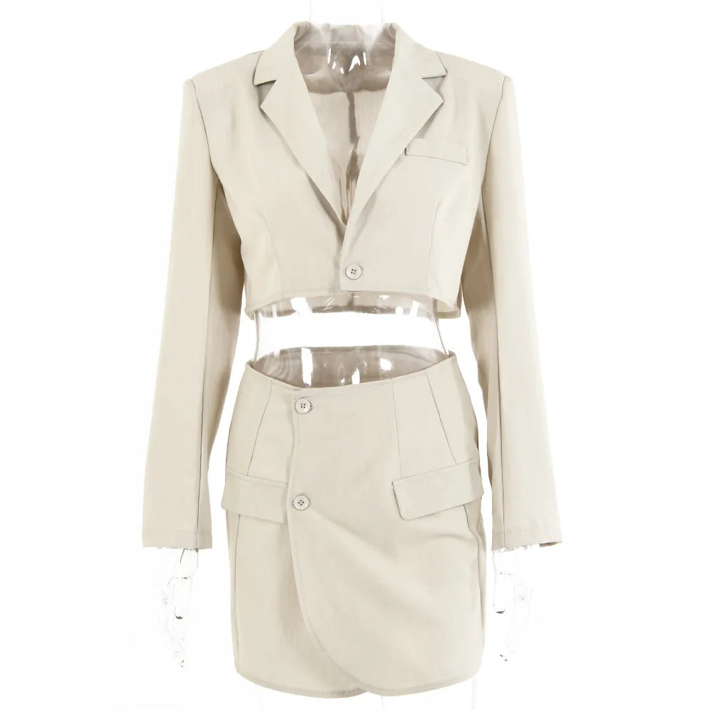 MQTIME - New Fashion Women Elegant Cottagecore Blazers Solid Colors Single Button Long Sleeve Short Blazers Sexy Mini Skirts Indie