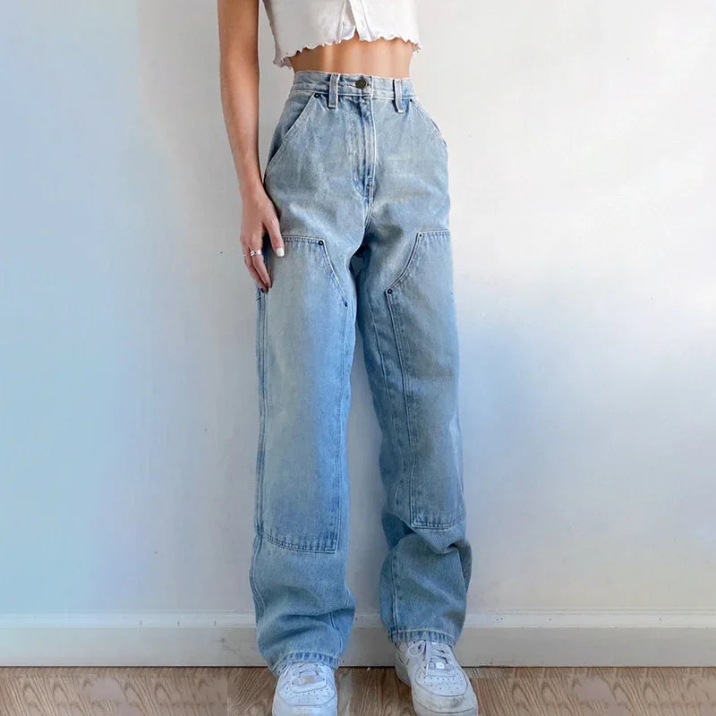 nvxiot - Women's Autumn New Casual Straight Denim Pants 2024 Baggy Jeans Mom Fit High Waist Loose Light Blue Jean Pocket Patchwork Female
