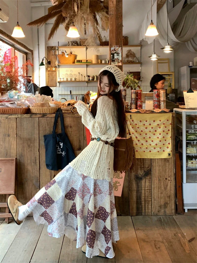 MQTIME - Chiffon Flower Plaid Skirt Midi Long Skirts Elastic Waist Women #e-girl fairycore 2000s aesthetic korean cloth boho holiday cute