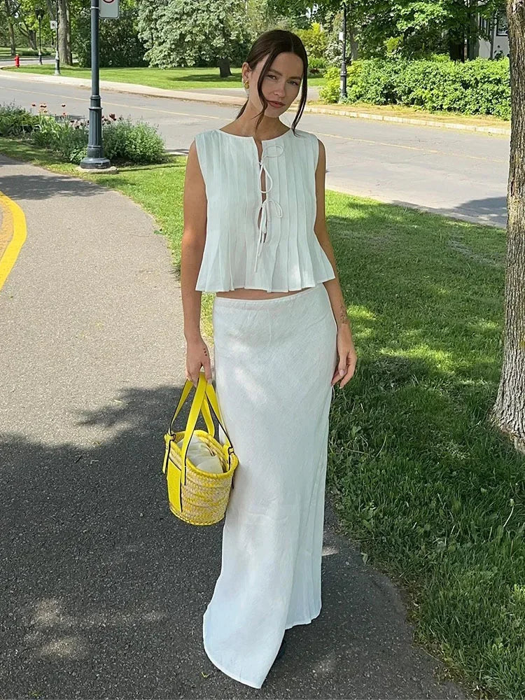 MQTIME - Pleated White Lace Up Tank Top Long Skirt Suit Women Elegant O-neck Sleeveless Tops Skirts 2 Pieces 2024 Summer Lady Streetwear