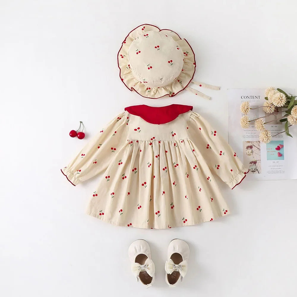 MQTIME - 0-2Y Baby Girls Clothes Full Of Cherry Print Baby Dress Long Sleeve Cherry Dresses Runched Dress with Hat