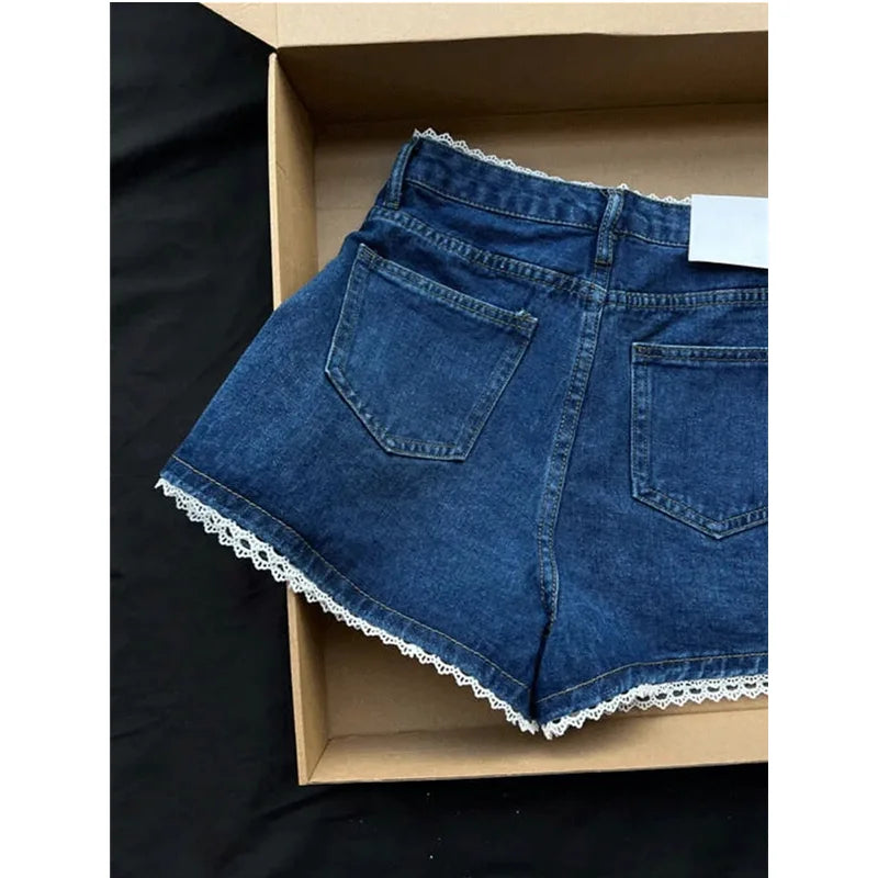 nvxiot - Women's Shorts Summer Dark Blue High Waist Jeans Y2K Straight A Sense of Niche Design Streetwear Vintage Wide Leg Denim Shorts