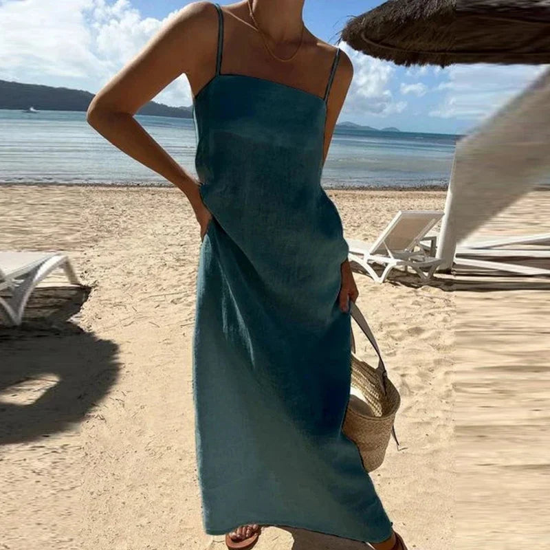 MQTIME - Summer Solid Color Cotton Linen Long Dress Fashion Slash Neck Holiday Beach Sling Dress Casual Sleeveless Simple A-line Dresses