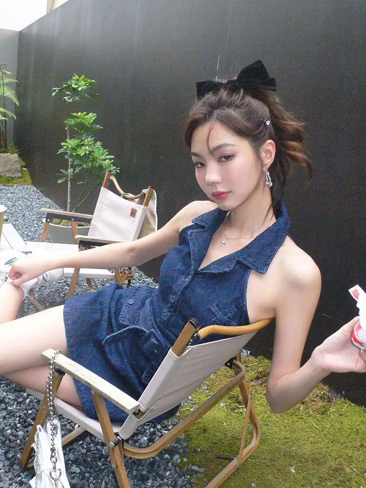 nvxiot - Summer Retro Blue Turn-down Collar Off Shoulder Button Denim Mini Dress Women Sleeveless High Waist A-line Jeans Short Dress New