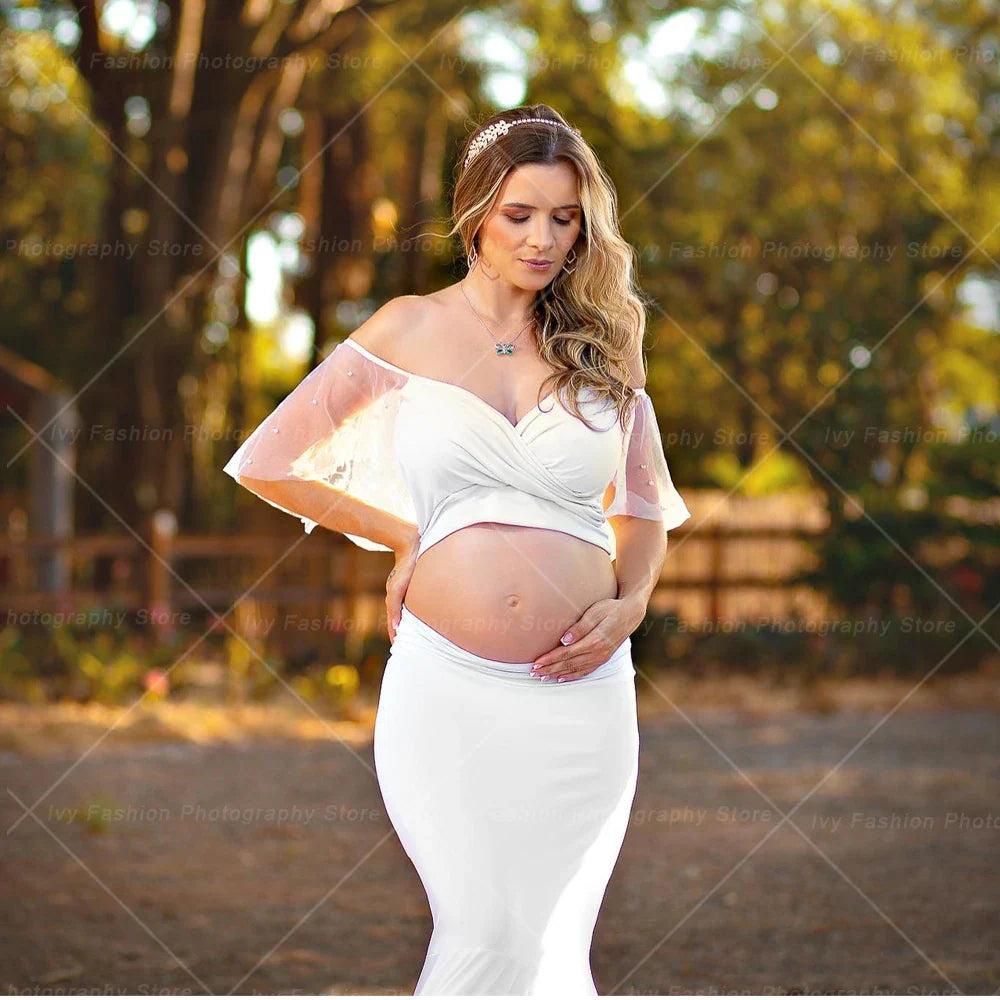 nvxiot - Maternity Photography Gown Two Piece Stretch Cotton Oversized Floor Sweeping Skirt Photo Shoot Dress For Pregnant Women