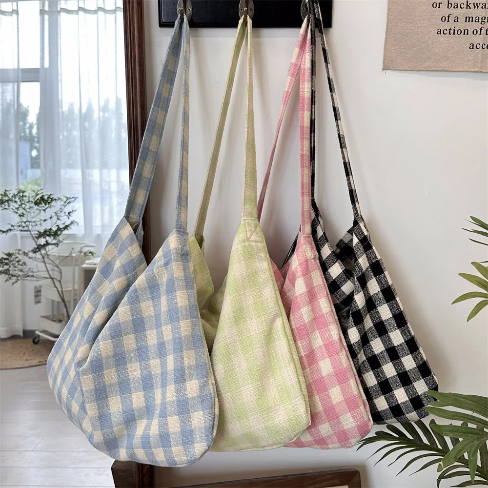 nvxiot - Retro Plaid Women's Canvas Shoulder Bag Casual College Girls Book Tote Travel Messenger Bags Female Eco Shopping Bag Handbags