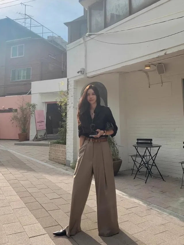 nvxiot - Korean Style Women Pleated Draped Trousers Chic High Waisted Loose Wide Leg Pants Office Ladies Solid Color Long Casual Pants