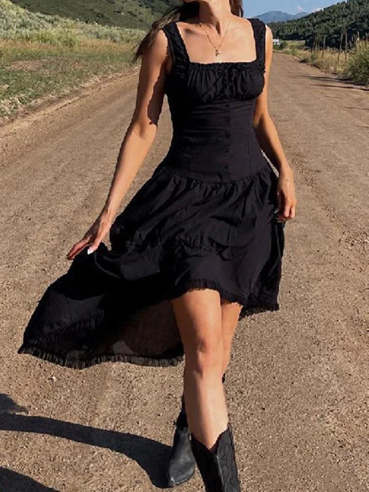 nvxiot White Spaghetti Strap Dress for Women Elegant High Waisted Lace Up Slim Dresses Female Pleated Chic Square Collar Long Vestidos