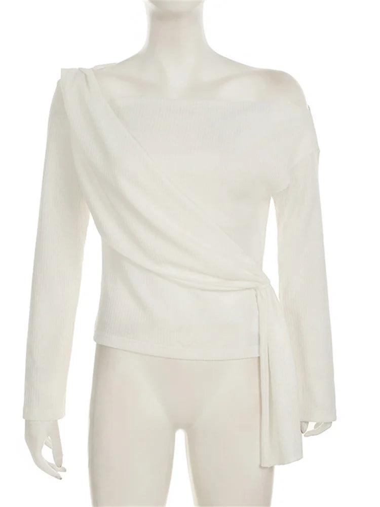 nvxiot - Casual Bandage Patchwork T-shirt Pullover Female Solid Lace-Up Off-Shoulder Slim Pleated White Tee Women Knit Sweater Top