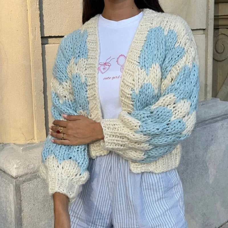 nvxiot - Stripe Pattern Cropped Cardigans Vintage Lantern Sleeves Knitted Sweater Aesthetic Y2k Knitwear Coat Women Autumn Outwear Street
