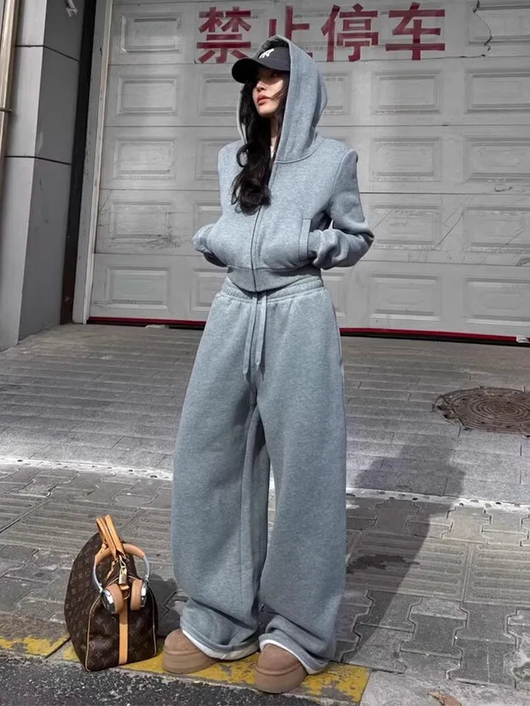 MQTIME - American Casual Sportswear Set, Women'S Autumn And Winter Gray Student Hoodie, Wide Leg Pants Two-Piece Set