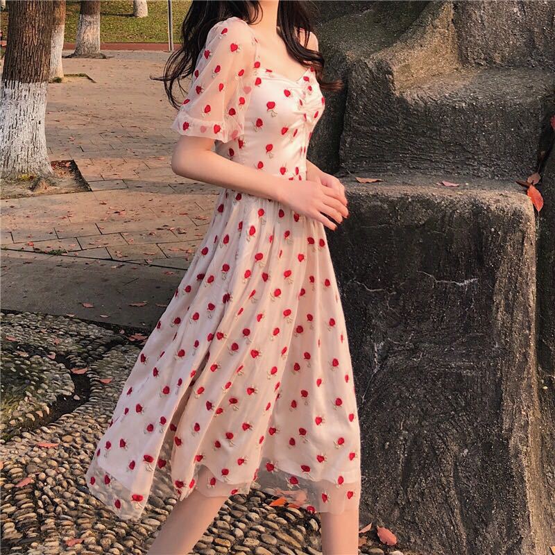 nvxiot Summer Strawberry Dress Embroidery Sexy Square Collar Midi Dresses Casual Short Sleeve Beach Party Dress Femme Vestidos Robe