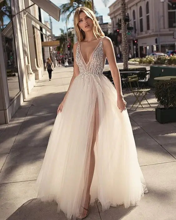 MQTIME - Simple A-line Wedding Dresses 2023 Chiffon Appliques Bride Party Gowns Lace Custom Bridal Robe De Mariee vestido de noiva