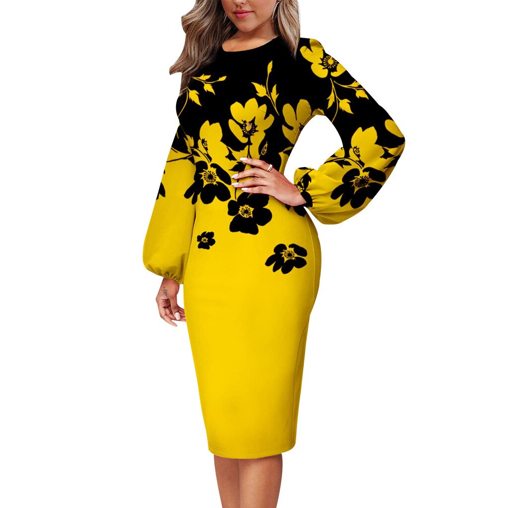 nvxiot Fashion Floral Print Dress Women Elegant O Neck Long Sleeve Party Robes Bodycon Lantern Sleeves African Printed Vestidos Autumn