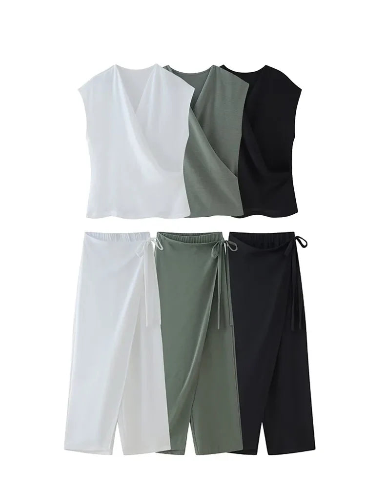 MQTIME - Summer Women's New Suits Solid V-Neck Sleeveless Off Shoulder Top+Side Bow Lace-Up Decoration Elastic Waist Pant Mujer