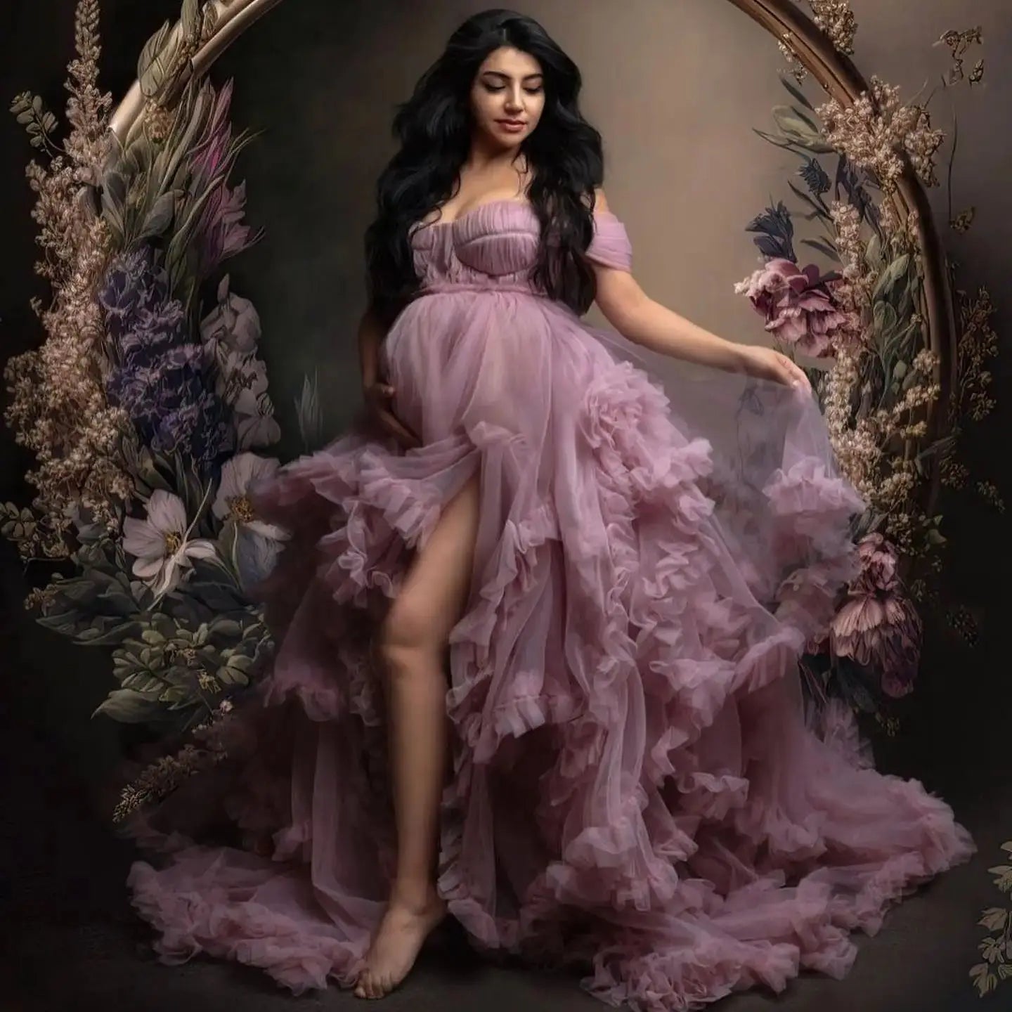 nvxiot - Purple A Line Maternity Dresses Sweetheart Sleeveless Pregnant Women Photoshoot Robes Sexy Tiered Ruffles Babyshower Party Gowns