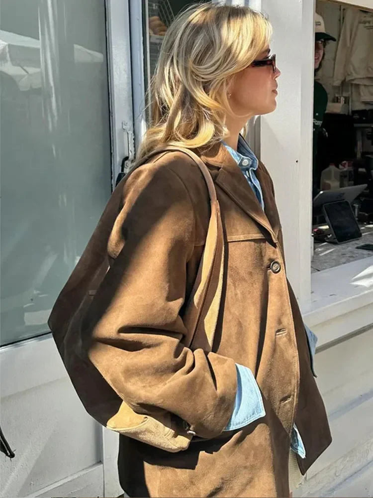 MQTIME - Woman Fashion Brown Lapel With Pocket Jacket Vintage Single Breasted Long Sleeve Short Coat Autumn Lady High Street Outerwear