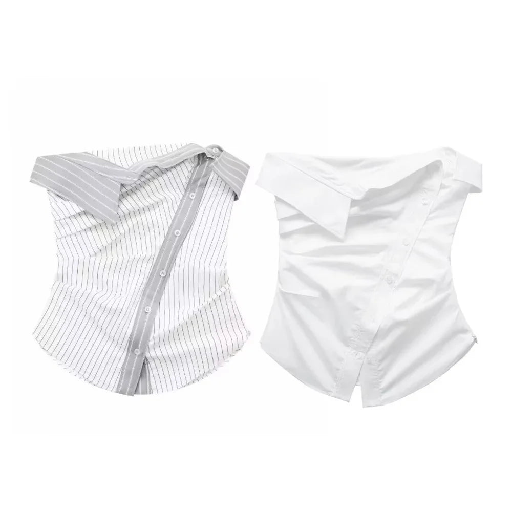 MQTIME - Summer 2024 European and American Style Women's New Style Fashionable and Versatile Slim Asymmetric Button Striped Tube Top
