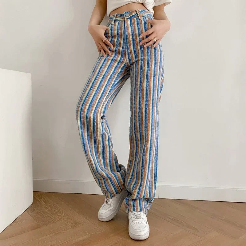 nvxiot - Summer Fashion Women's Pants Women's Clothing e girl aesthetic Color Striped Straight High Waist Casual Pants Streetwear Women