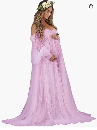 nvxiot - Pearl Tulle Maternity Dress for Photoshoot Long Puffy Sleeve Off Shoulder Babyshower Bridal Pregnancy Gowns