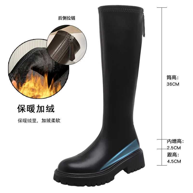 nvxiot - Women's Long Boots Autumn/Winter Thick Sole Round Toe Fashion Versatile Inner Heightening British Brown Knight Boots Women