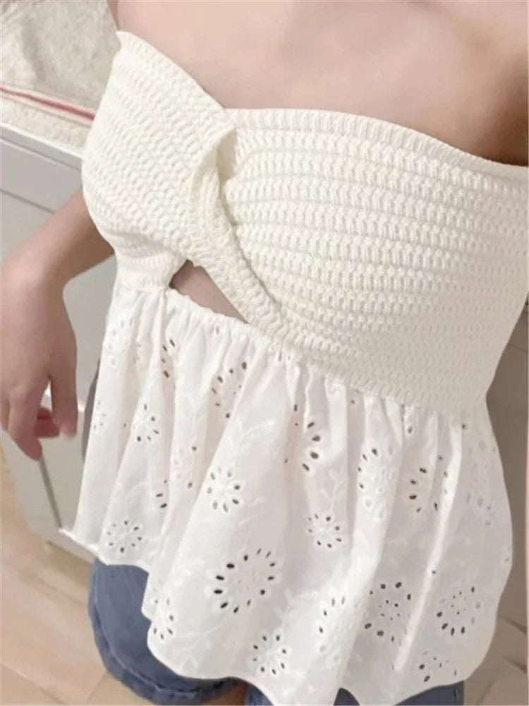 MQTIME - White Tube Top Knit Twist Crop Top Women Elegant Lace Mesh Strapless Corset Top Korean Sexy Streetwear Cute Chiffon Blouse