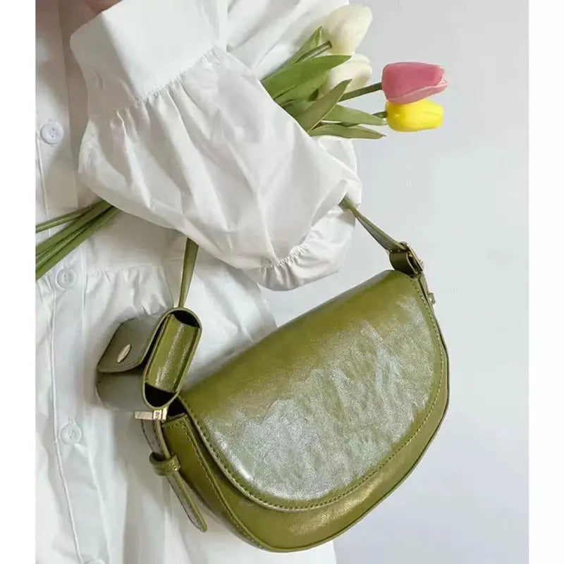 nvxiot - Vintage Green Shoulder Bag Women High Street Leather Casual Saddle Bag Handbag Female Retro Solid Crossbody Bags Ladies
