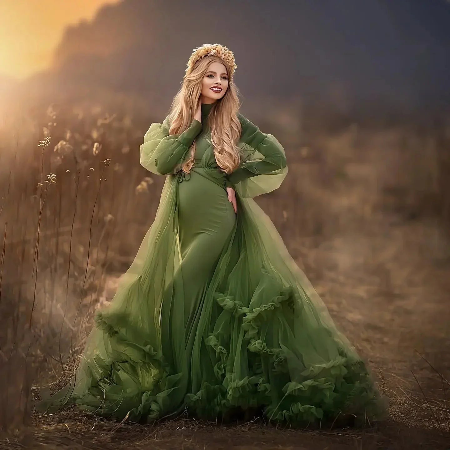 nvxiot - Modest Green Mermaid Maternity Dress for Photoshoot High Neck Pregnant Women Photography Dresses Long Sleeve Babyshower Gowns