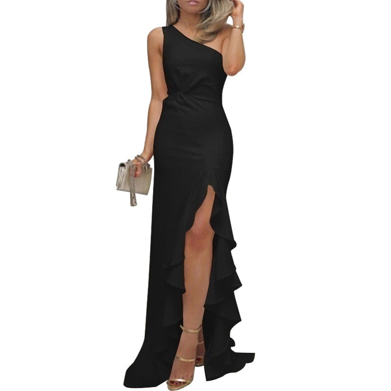 nvxiot New European and American Split Ruffles Large Swing Slanted Shoulder Pullover Evening Dress Women's Dress