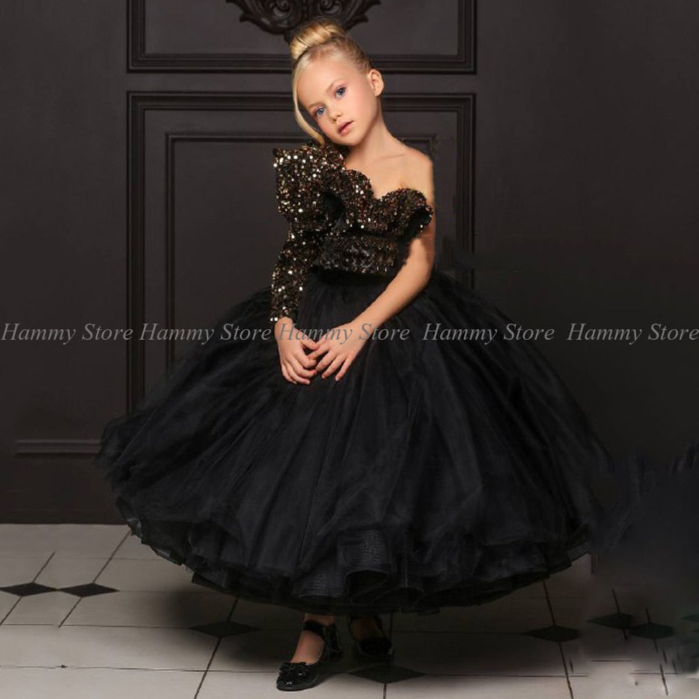 nvxiot Black Flower Girl Dress with Gold Sequin Top One Shoulder Puffy Floor Length Long First Communion Dresses Wedding Party Gown