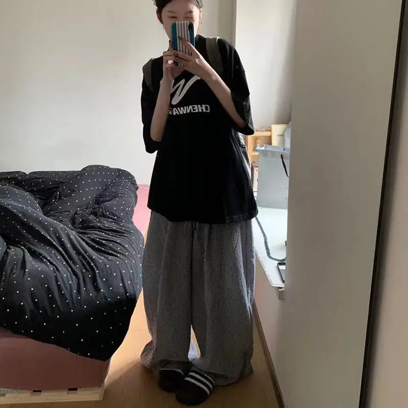 nvxiot - Spring New Korean Style Home Wear Casual Lazy Small Plaid Loose Wide Leg Pants for Women High Waist Sportpants Women Clothing