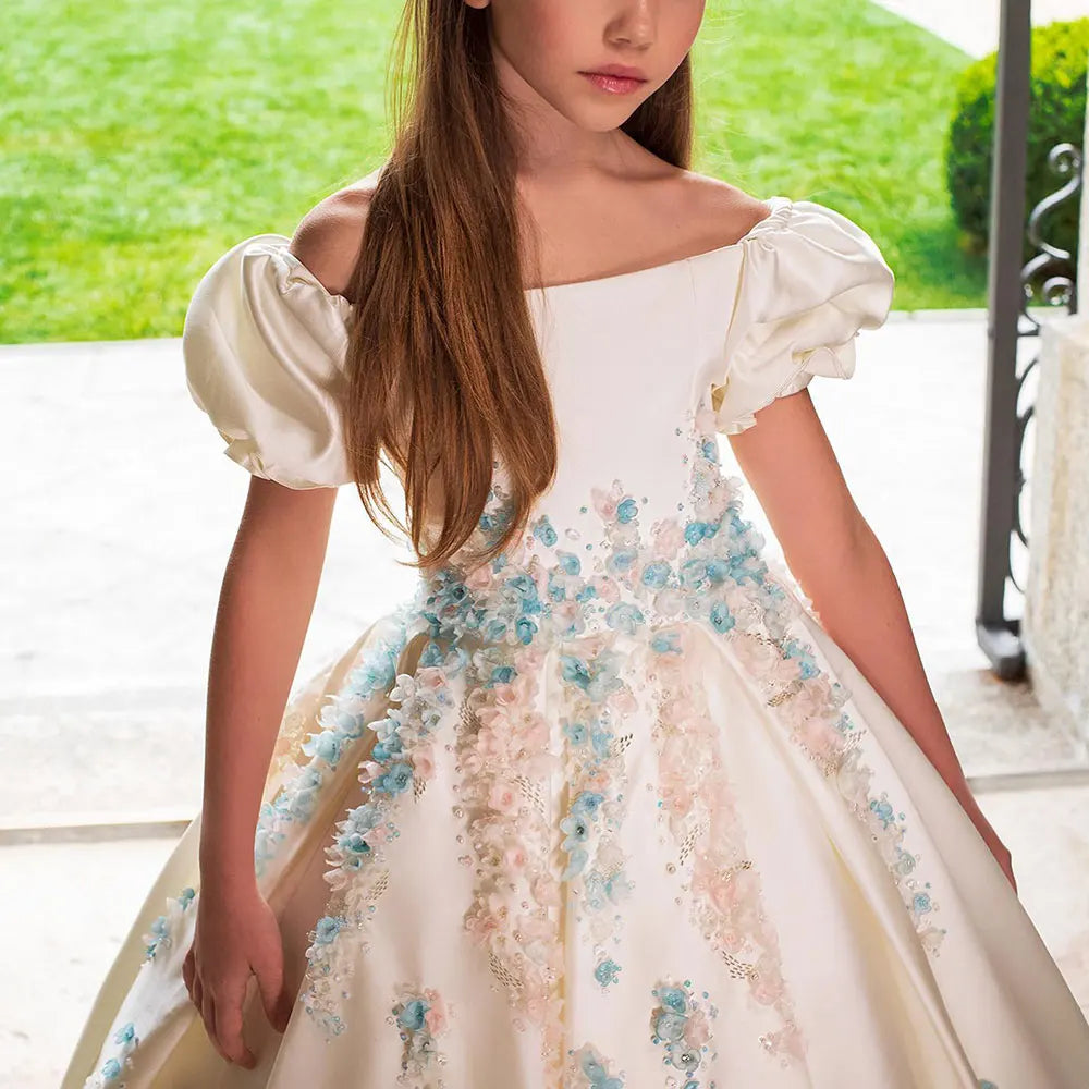 MQTIME - Luxury White Girl Dress 3D Flowers Satin Princess Dubai Kids Wedding Birthday Communion Party Elegant Gown 2024 J295
