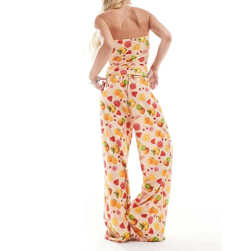 MQTIME - Fruit Print Strapless Tube Tops Summer 2 Piece Set Women Off Shoulder Backless Crop Tops + Pants Y2k Outfits Casual Loungewear