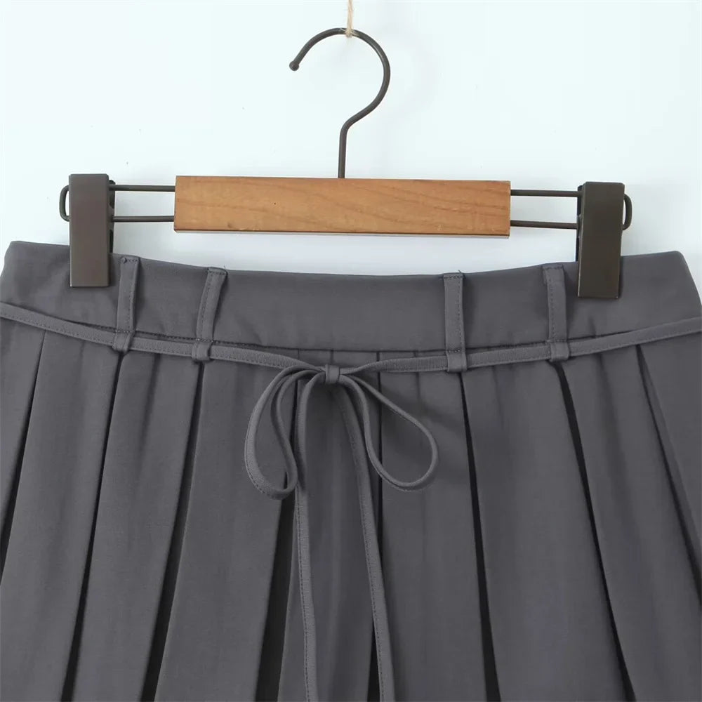 MQTIME - 2024 Summer New Product Women's Retro Strap Design Solid A-line Mid Waist Pleated Half skirt