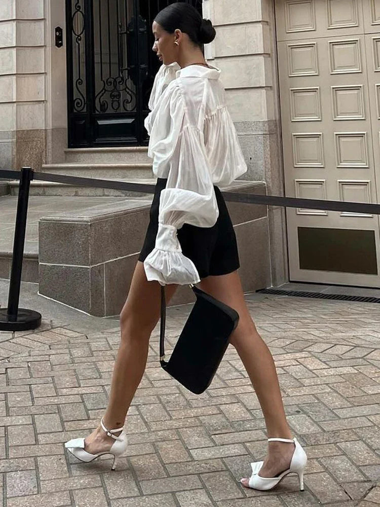 nvxiot - Autumn See-Through Casual Shirts Top For Women Loose Slim Long Sleeve Lapel Cardigan Streetwear Women's Pleated Shirts Top