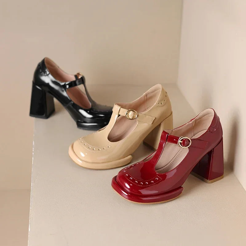 MQTIME - 2024 new spring summer women pumps natural leather 22-24.5cm cowhide+pigskin round toe T-shaped buckle hollow out brogue