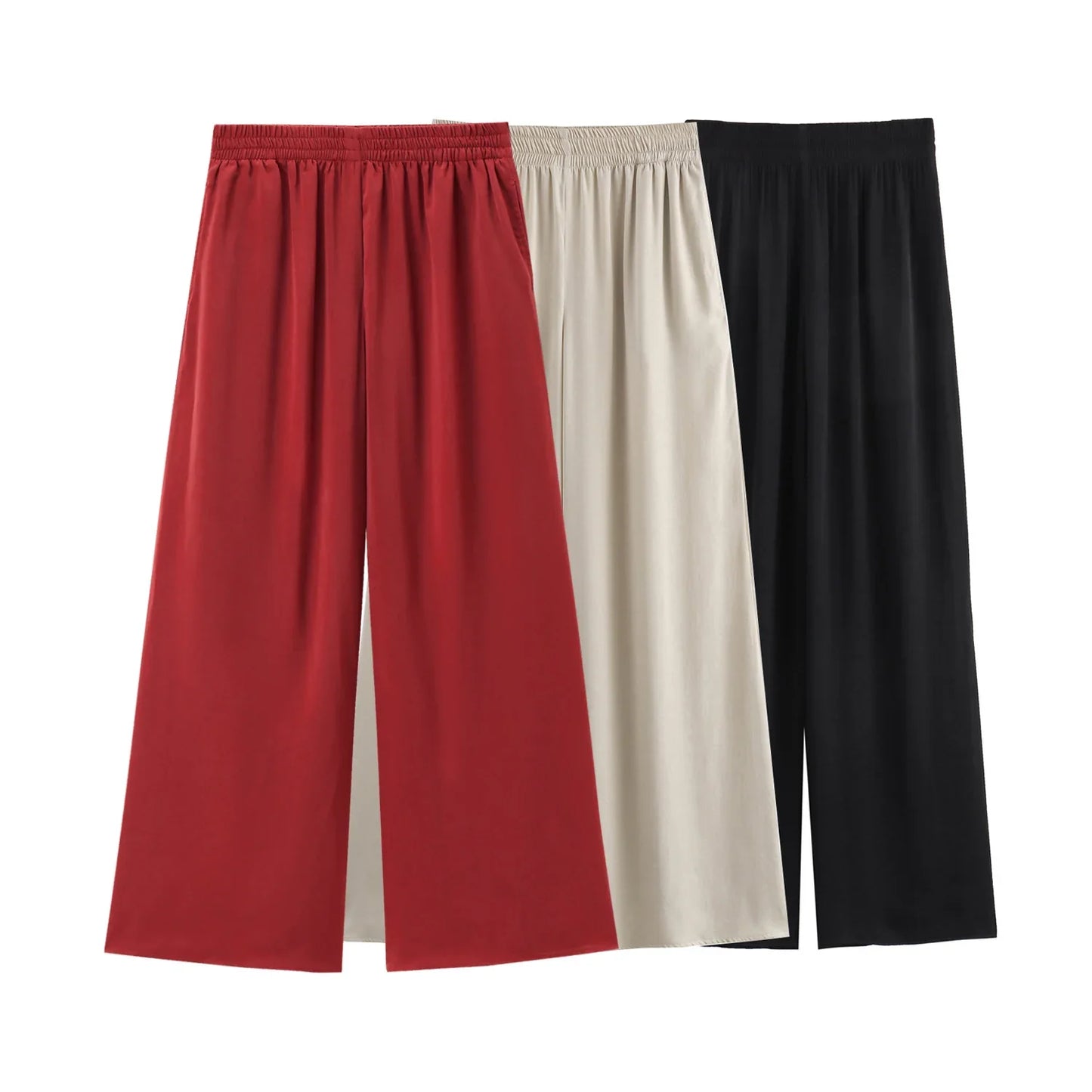MQTIME - Summer Holiday Women Fashion Solid Elastic Waist Wide Leg Pants Female Casual Slim Side Pockets Folds Decorate Trousers