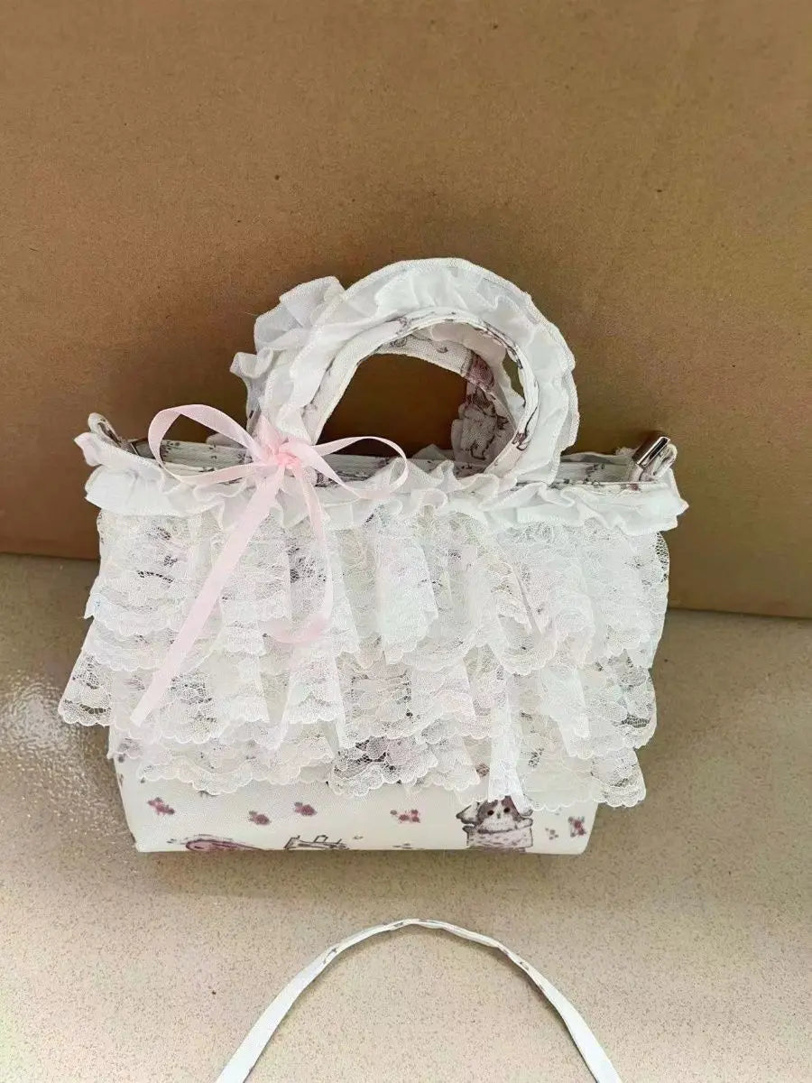 nvxiot - Sweet Lace Y2k Hand Bag Women Hot Girls Bow Cute Canvas Bucket Bag Female Harajuku Fairycore Messenger Bag Bolso Mujer