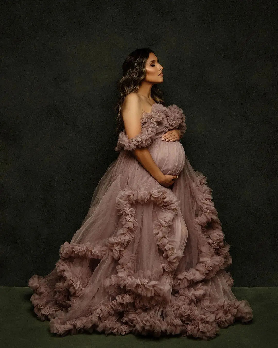 nvxiot - Dusty Pink Ruffled Tulle Maternity Dress Mom and Daughter Photoshoot Gown Corset Back Pregnancy Photography Dresses