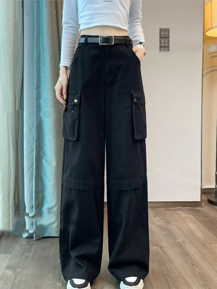 nvxiot - New Y2K Fashion Cargo Women Wide Leg Pants High Waist Chicly Pockets Female Pants Straight Casual Black Loose Trousers Lady