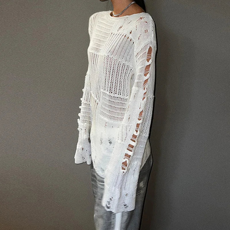 MQTIME - Chic Tattered Sweater Women Fashion Loose Long Sleeve Tops Lazy Style Hollowed Out Thin Perspective Black White Ripped Pullover