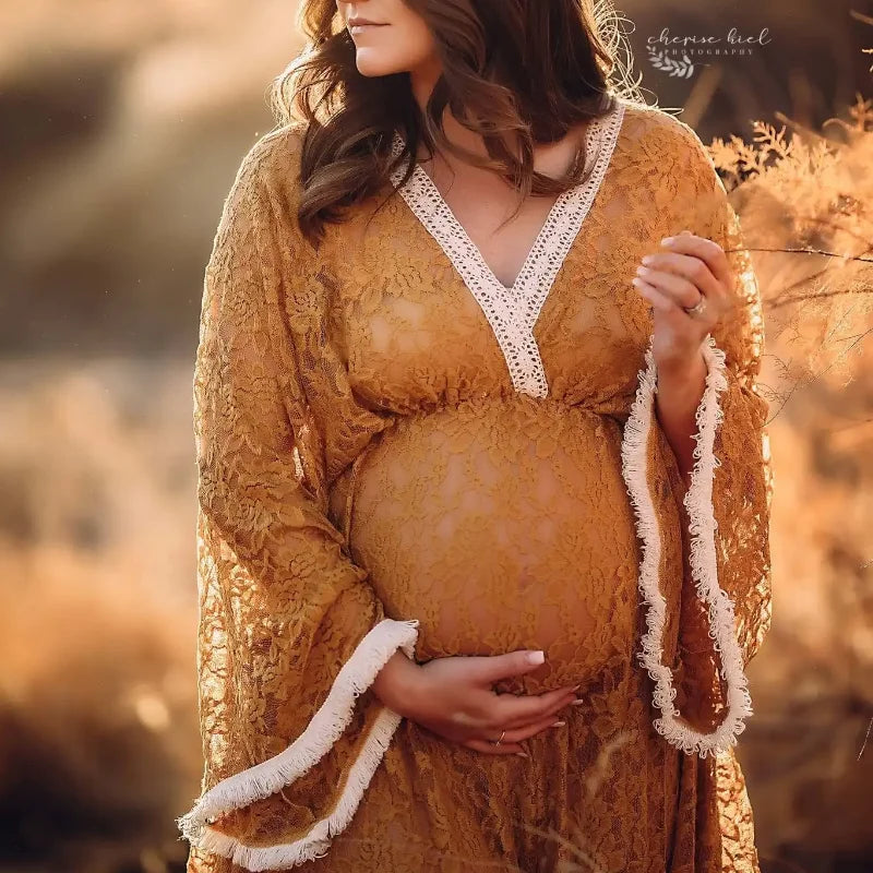 nvxiot - Boho Maternity Lace Yellow Evening Dresses Photography Props Sexy V-neck Long Gown Pregnancy For Photoshoot Fashion Baby Shower