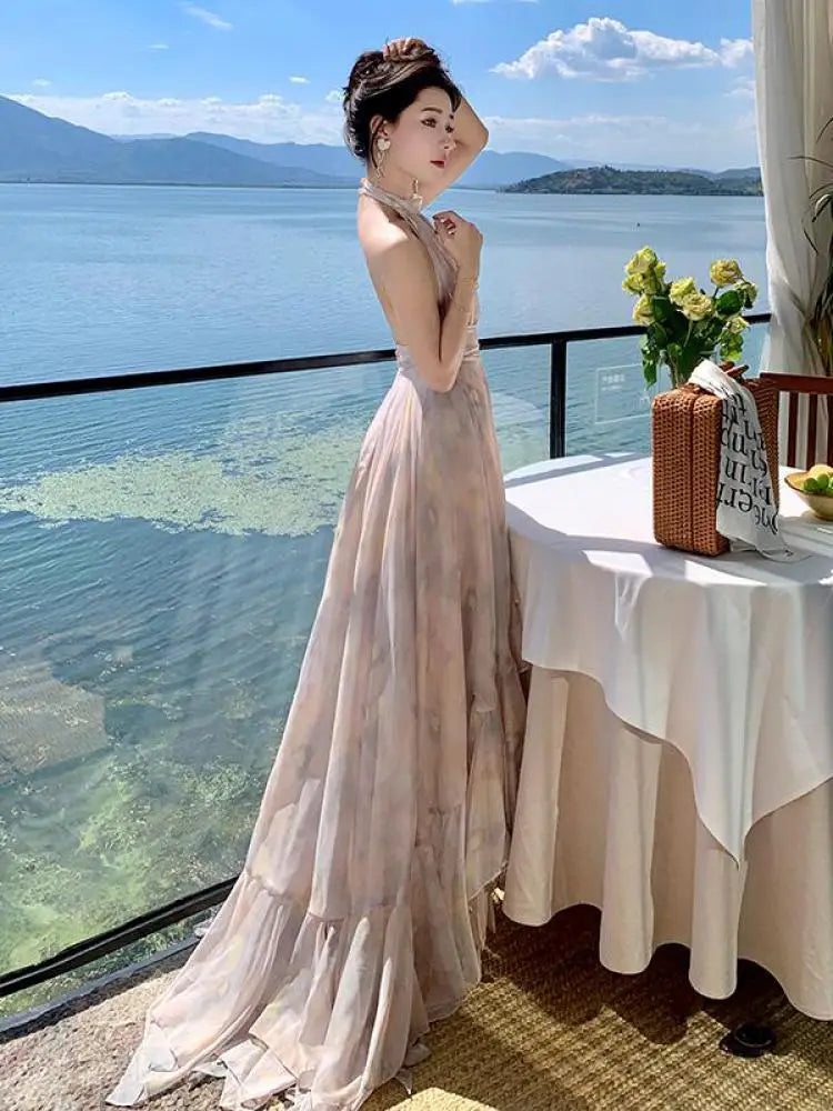 nvxiot - Summer Retro Print Halter Sleeveless Backless Slim Bodycon Birthday Dress Women Party Elegant Irregular Pleated Long Dress