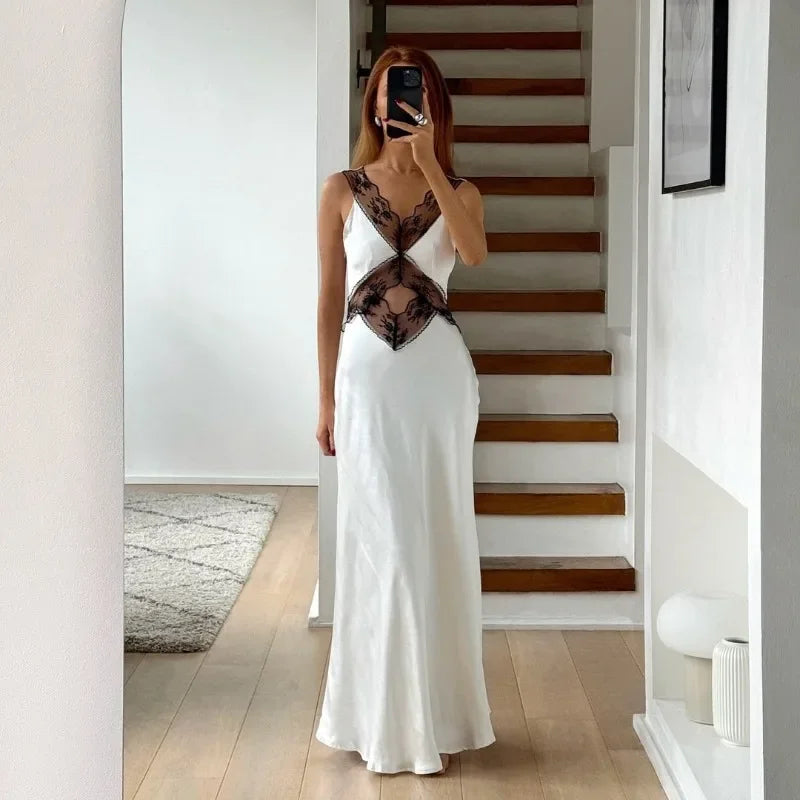 MQTIME - Hollow Lace Long Dress Women Patchwork Backless High Waist Sleeveless Dresses Party Fashion Evening Elegant Dress Femme