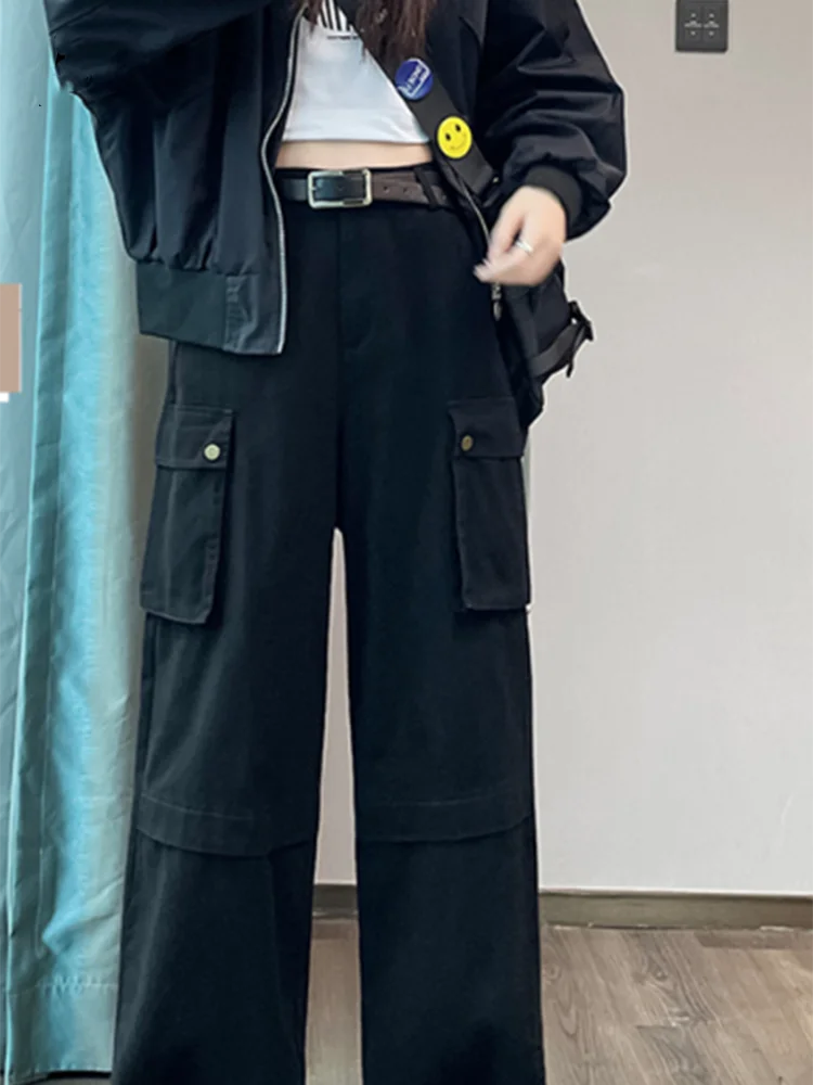 nvxiot - New Y2K Fashion Cargo Women Wide Leg Pants High Waist Chicly Pockets Female Pants Straight Casual Black Loose Trousers Lady