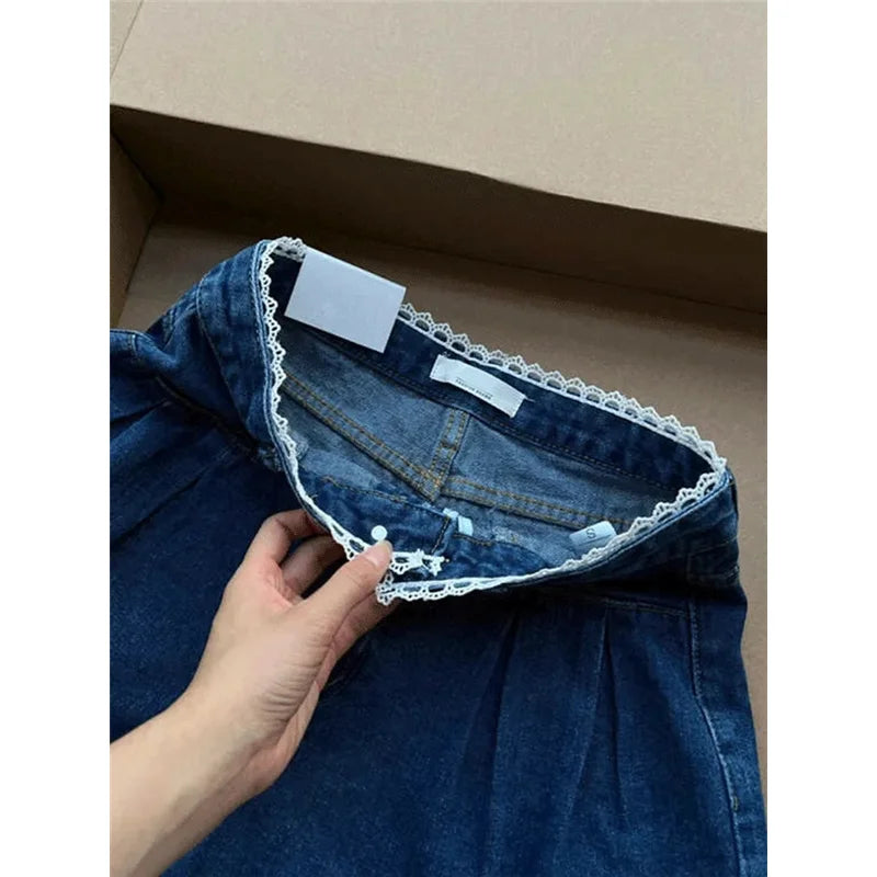 nvxiot - Women's Shorts Summer Dark Blue High Waist Jeans Y2K Straight A Sense of Niche Design Streetwear Vintage Wide Leg Denim Shorts